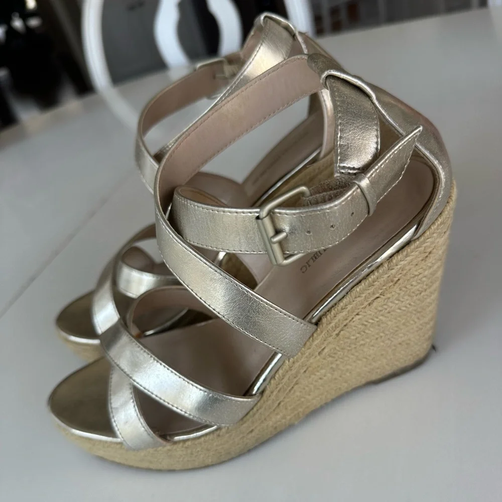 Gold Strappy Wedge Espadrille Sandals
